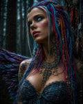 GRID THUMBNAIL — A blue-eyed winged woman with multicoloured braided hair, ornate silver jewellery and tattoos stands in a misty forest at moonlight, gazing upward.