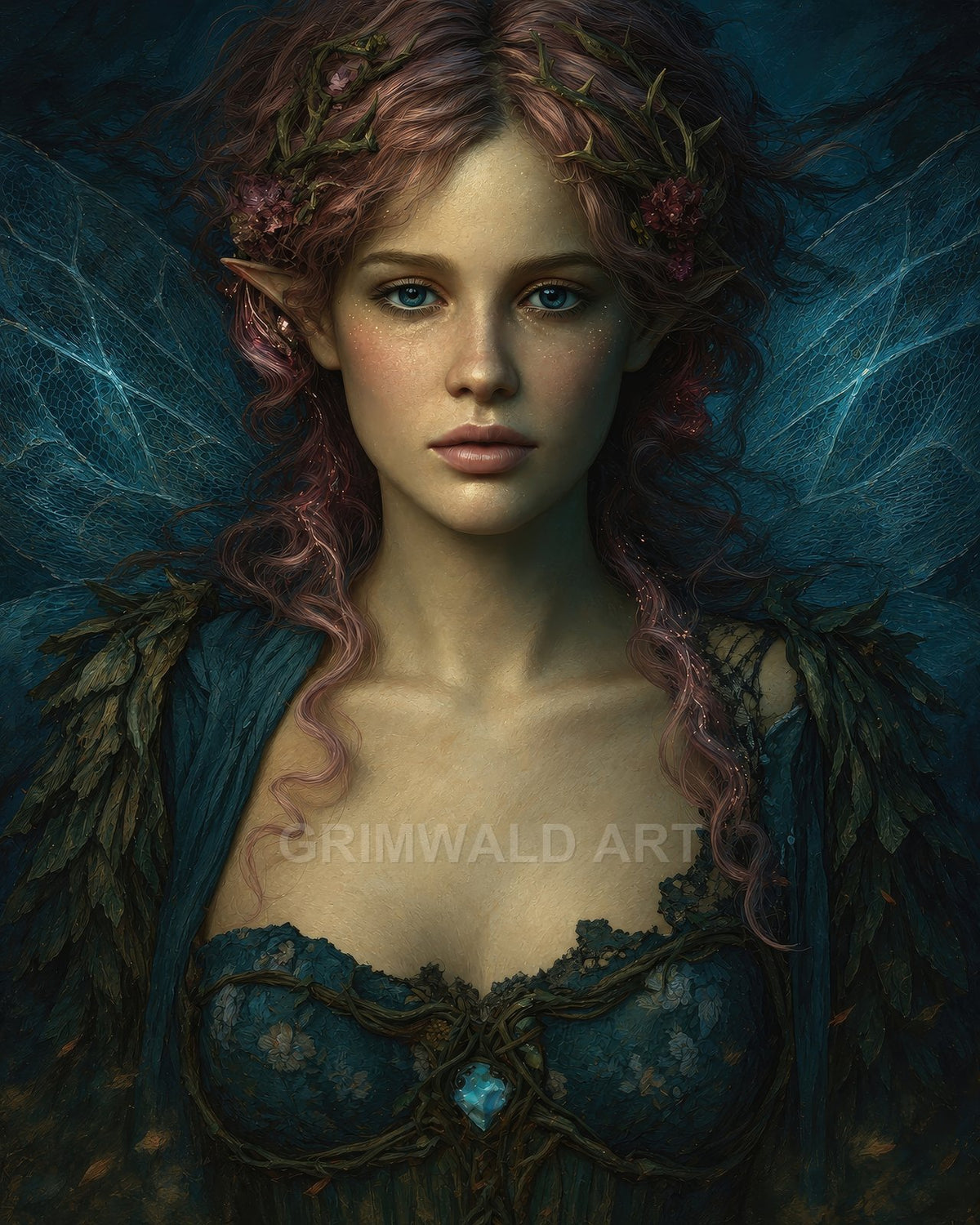 Close-up portrait of a female fae with pointed ears, translucent wings, pink hair, thorned floral crown, teal dress and blue gemstone against a moody background.