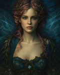 GRID THUMBNAIL — Close-up portrait of a female fae with pointed ears, translucent wings, pink hair, thorned floral crown, teal dress and blue gemstone against a moody background.