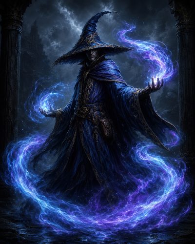 GRID THUMBNAIL — A blue-robed wizard conjures swirling blue-violet magic between raised hands amid gothic ruins under a stormy, moonlit night sky.