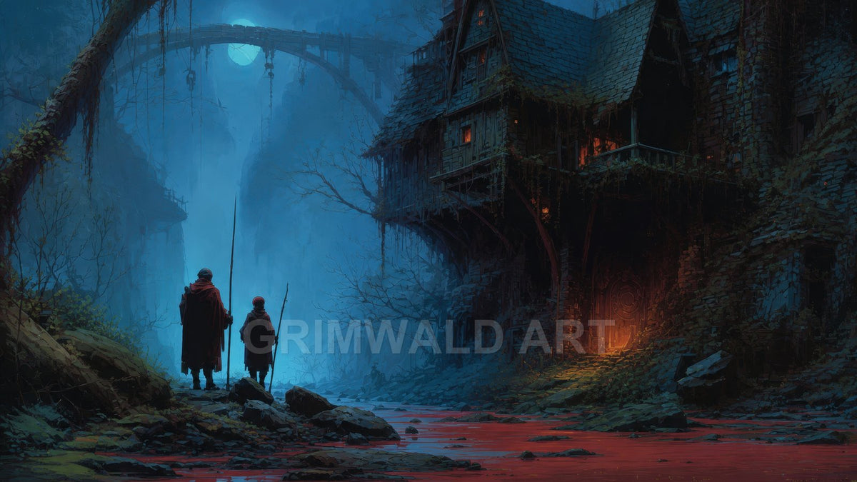 Moonlit ravine with ruined arch bridge and crooked cliffside house glowing with firelight, two cloaked figures beside a red stream under mist.