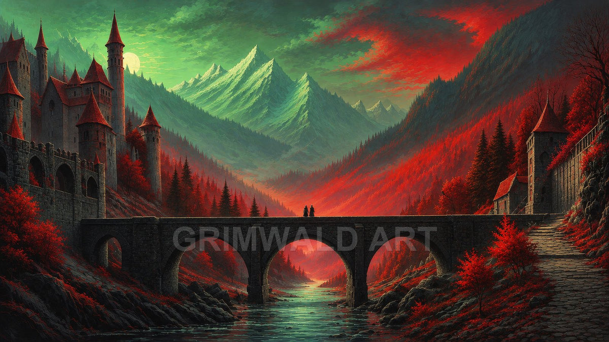 A moonlit stone bridge spans a river between red-forested valley slopes, flanked by a turreted castle, with teal mountains and a full moon beyond.