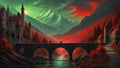 GRID THUMBNAIL — A moonlit stone bridge spans a river between red-forested valley slopes, flanked by a turreted castle, with teal mountains and a full moon beyond.