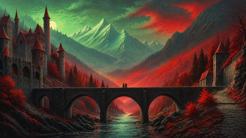 GRID THUMBNAIL — A moonlit stone bridge spans a river between red-forested valley slopes, flanked by a turreted castle, with teal mountains and a full moon beyond.