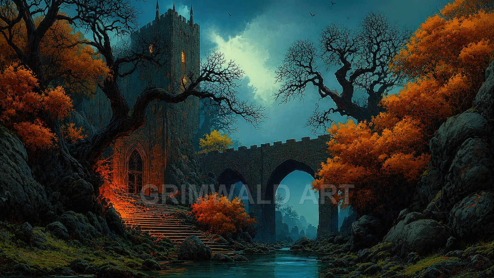 Moonlit stone castle and arched bridge above a reflective river, framed by gnarled trees and glowing autumn foliage, warm doorway light.