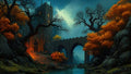 GRID THUMBNAIL — Moonlit stone castle and arched bridge above a reflective river, framed by gnarled trees and glowing autumn foliage, warm doorway light.