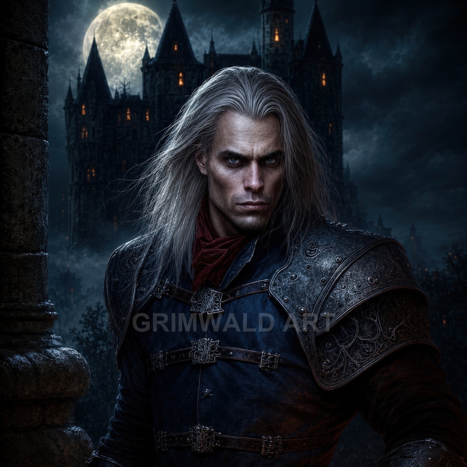 A silver-haired male warrior in ornate leather armour stands before a moonlit gothic castle, eyes intense, night clouds swirling and lantern-lit windows glowing.