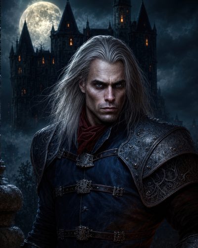 GRID THUMBNAIL — A silver-haired male warrior in ornate leather armour stands before a moonlit gothic castle, eyes intense, night clouds swirling and lantern-lit windows glowing.