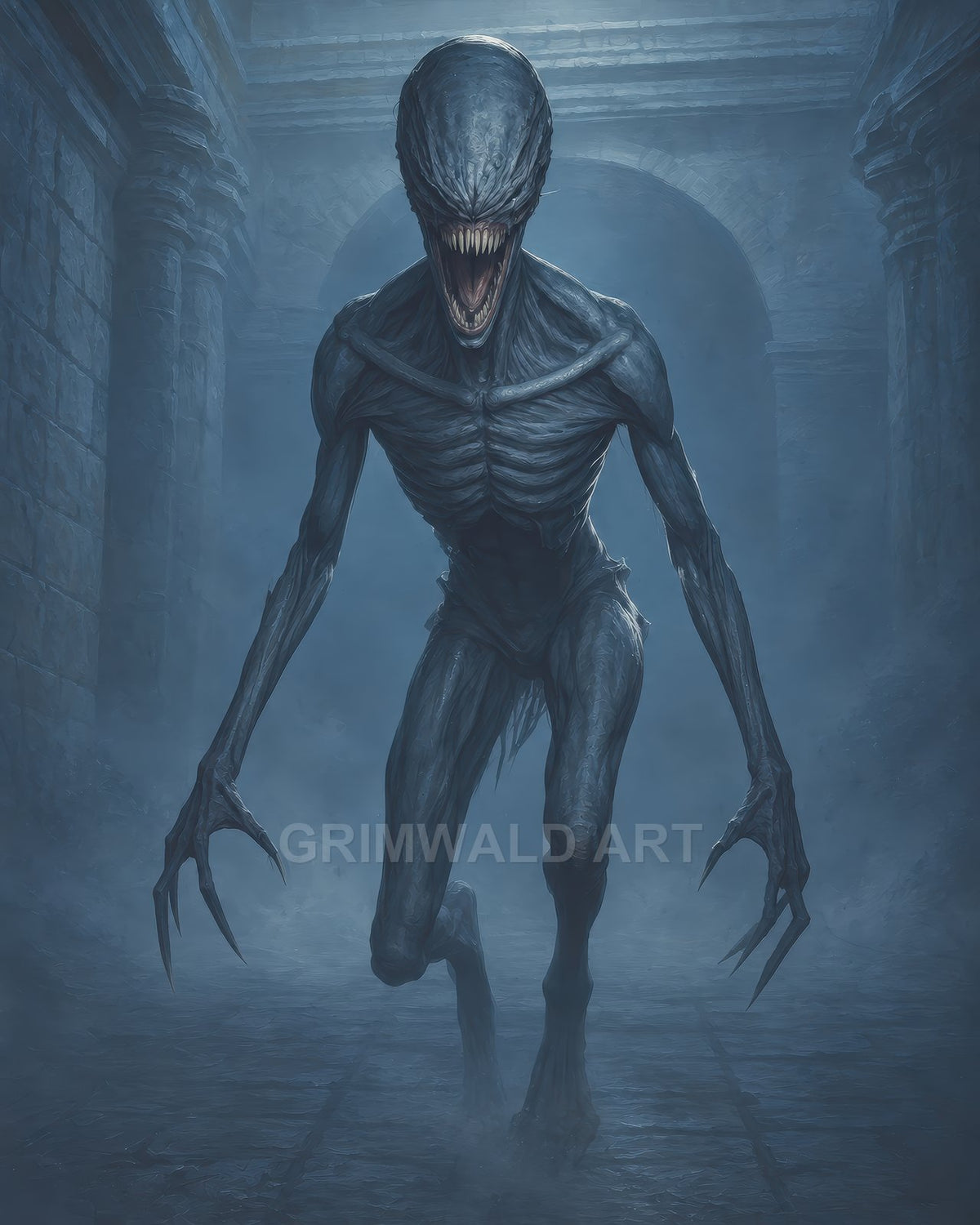 A tall, sinewy alien with an elongated head and razor teeth prowls a misty stone corridor, claws extended, under cold blue night lighting.