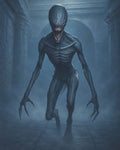 GRID THUMBNAIL — A tall, sinewy alien with an elongated head and razor teeth prowls a misty stone corridor, claws extended, under cold blue night lighting.