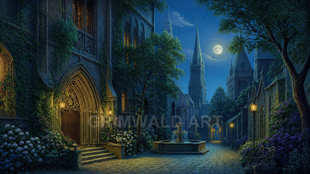 Moonlit gothic courtyard with ivy-clad stone buildings, glowing lanterns, central fountain, cobblestone path, and distant cathedral spires under a starry sky.