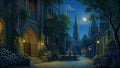 GRID THUMBNAIL — Moonlit gothic courtyard with ivy-clad stone buildings, glowing lanterns, central fountain, cobblestone path, and distant cathedral spires under a starry sky.