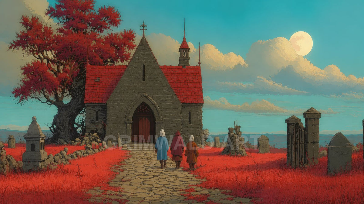 Stone chapel with red roof amid crimson grass and gravestones; three robed figures approach along a cobbled path beneath a bright moon.