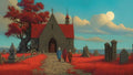 GRID THUMBNAIL — Stone chapel with red roof amid crimson grass and gravestones; three robed figures approach along a cobbled path beneath a bright moon.