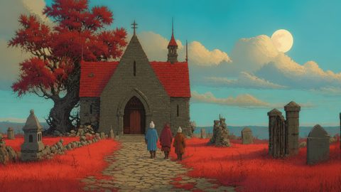 GRID THUMBNAIL — Stone chapel with red roof amid crimson grass and gravestones; three robed figures approach along a cobbled path beneath a bright moon.