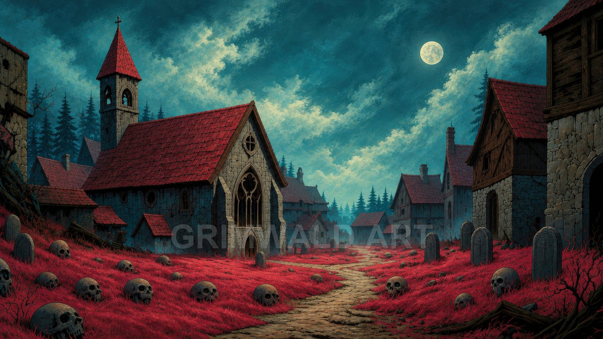 Moonlit medieval village with a gothic church, red grass strewn with skulls and gravestones, winding path, and dark pine forest beneath cloudy sky.
