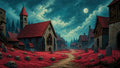 GRID THUMBNAIL — Moonlit medieval village with a gothic church, red grass strewn with skulls and gravestones, winding path, and dark pine forest beneath cloudy sky.