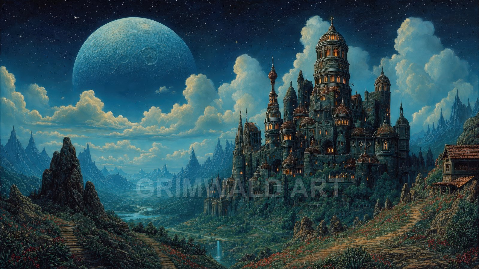 Grand moonlit castle above a river valley and mountains, beneath a huge blue moon, starry sky, winding paths and red wildflowers.