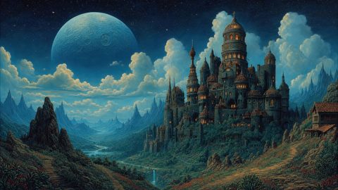 GRID THUMBNAIL — Grand moonlit castle above a river valley and mountains, beneath a huge blue moon, starry sky, winding paths and red wildflowers.