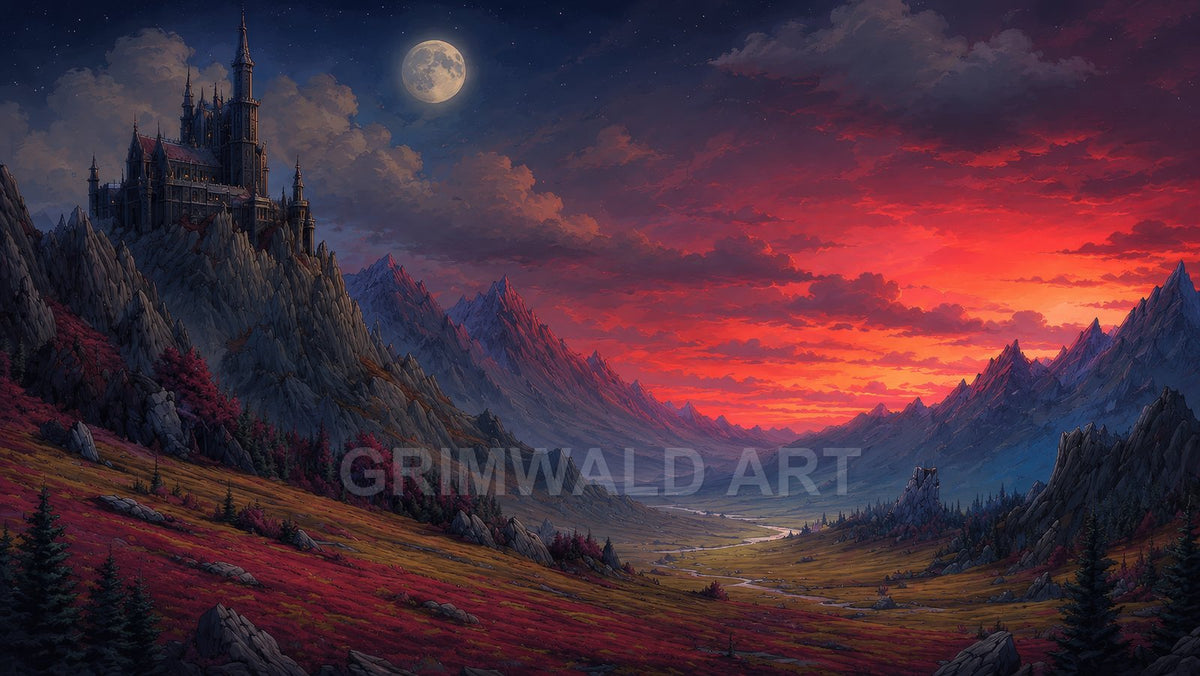 A tall gothic castle crowns a jagged mountain under a full moon, overlooking a vast red-tinged valley and river at fiery sunset.