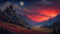 GRID THUMBNAIL — A tall gothic castle crowns a jagged mountain under a full moon, overlooking a vast red-tinged valley and river at fiery sunset.