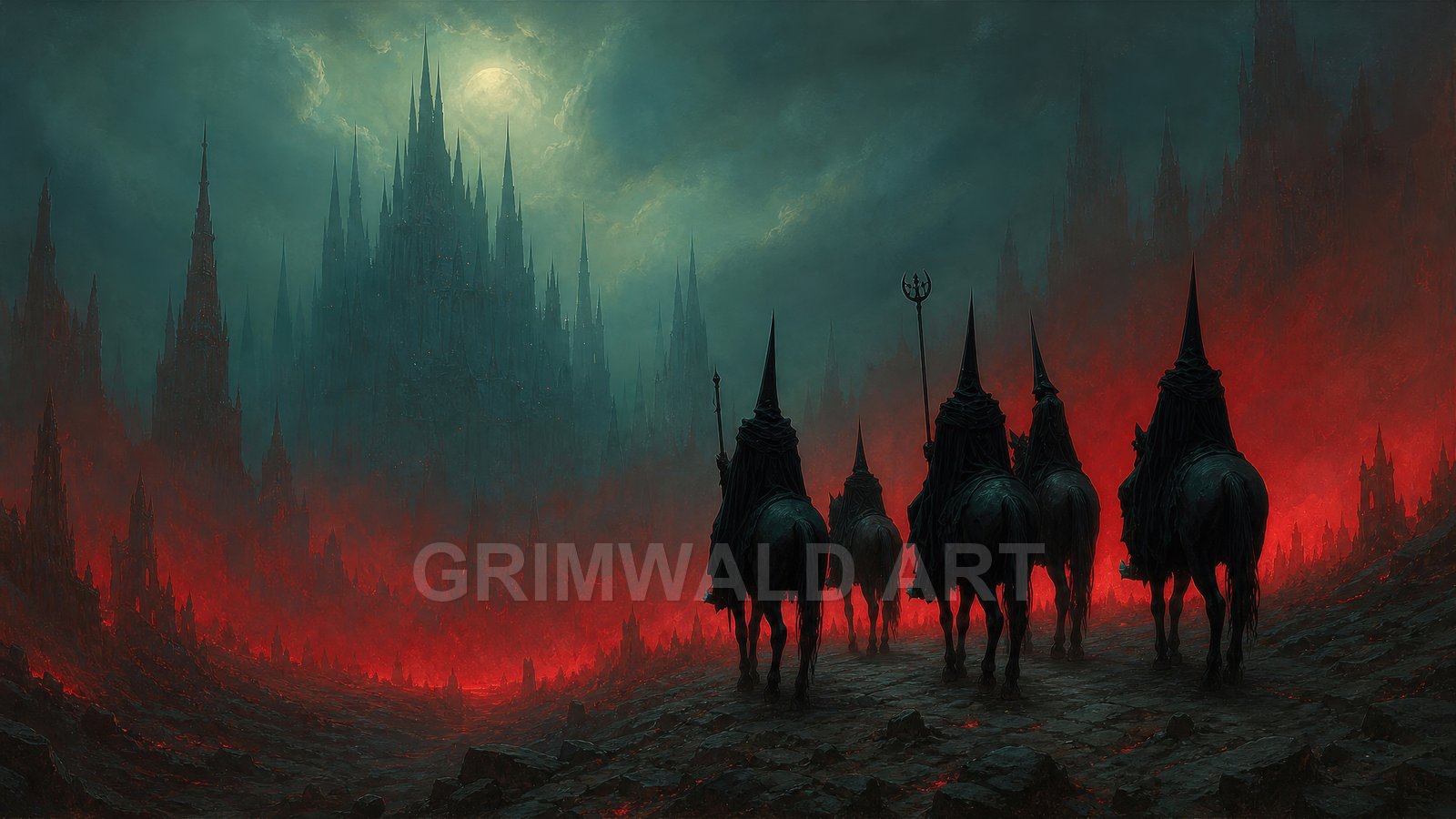 Hooded riders on horseback approach a towering gothic citadel through a red-lit valley beneath a pale moon and swirling teal clouds.