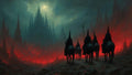 GRID THUMBNAIL — Hooded riders on horseback approach a towering gothic citadel through a red-lit valley beneath a pale moon and swirling teal clouds.
