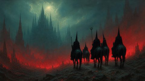 GRID THUMBNAIL — Hooded riders on horseback approach a towering gothic citadel through a red-lit valley beneath a pale moon and swirling teal clouds.
