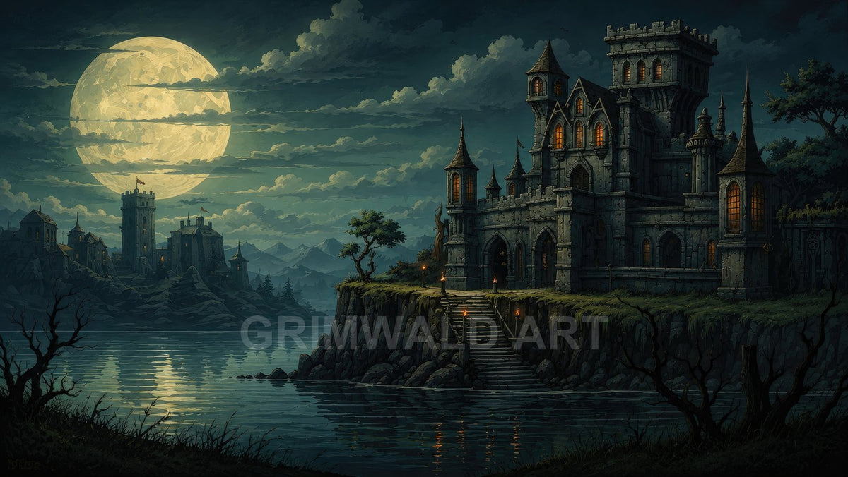 Gothic stone castle with glowing windows atop a cliff beside a calm lake under a vast full moon and drifting clouds at night.