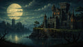 GRID THUMBNAIL — Gothic stone castle with glowing windows atop a cliff beside a calm lake under a vast full moon and drifting clouds at night.