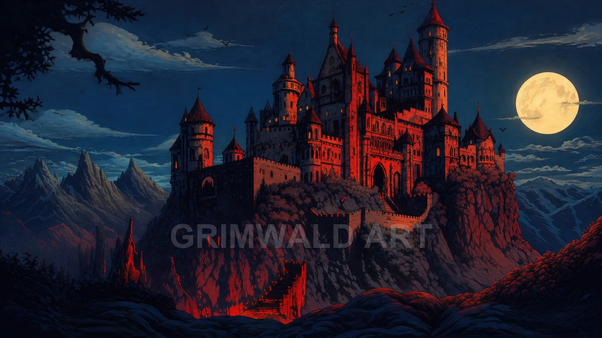 A grand gothic castle glows red on a rocky cliff under a full moon, overlooking mountains and clouds in a deep blue night.