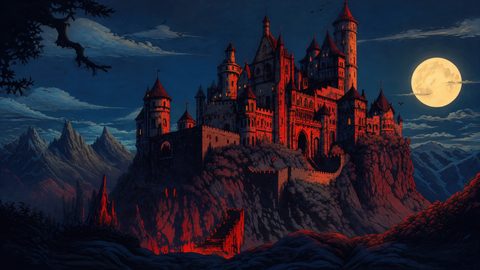 GRID THUMBNAIL — A grand gothic castle glows red on a rocky cliff under a full moon, overlooking mountains and clouds in a deep blue night.