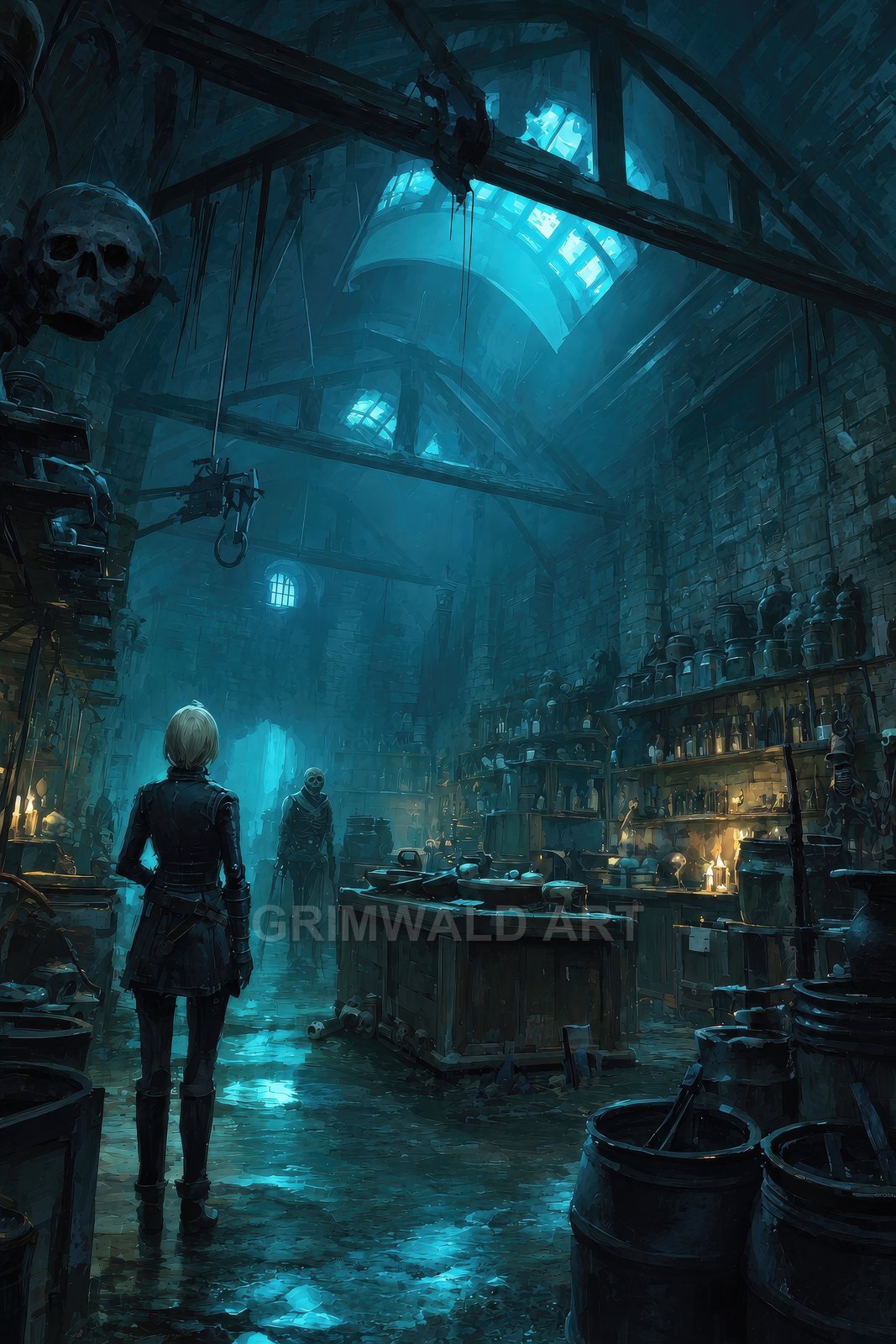 Leather-clad adventurer faces a skeletal figure inside a moonlit alchemy workshop, crowded with jars, skulls, hanging hooks and flickering candles.
