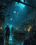 GRID THUMBNAIL — Leather-clad adventurer faces a skeletal figure inside a moonlit alchemy workshop, crowded with jars, skulls, hanging hooks and flickering candles.