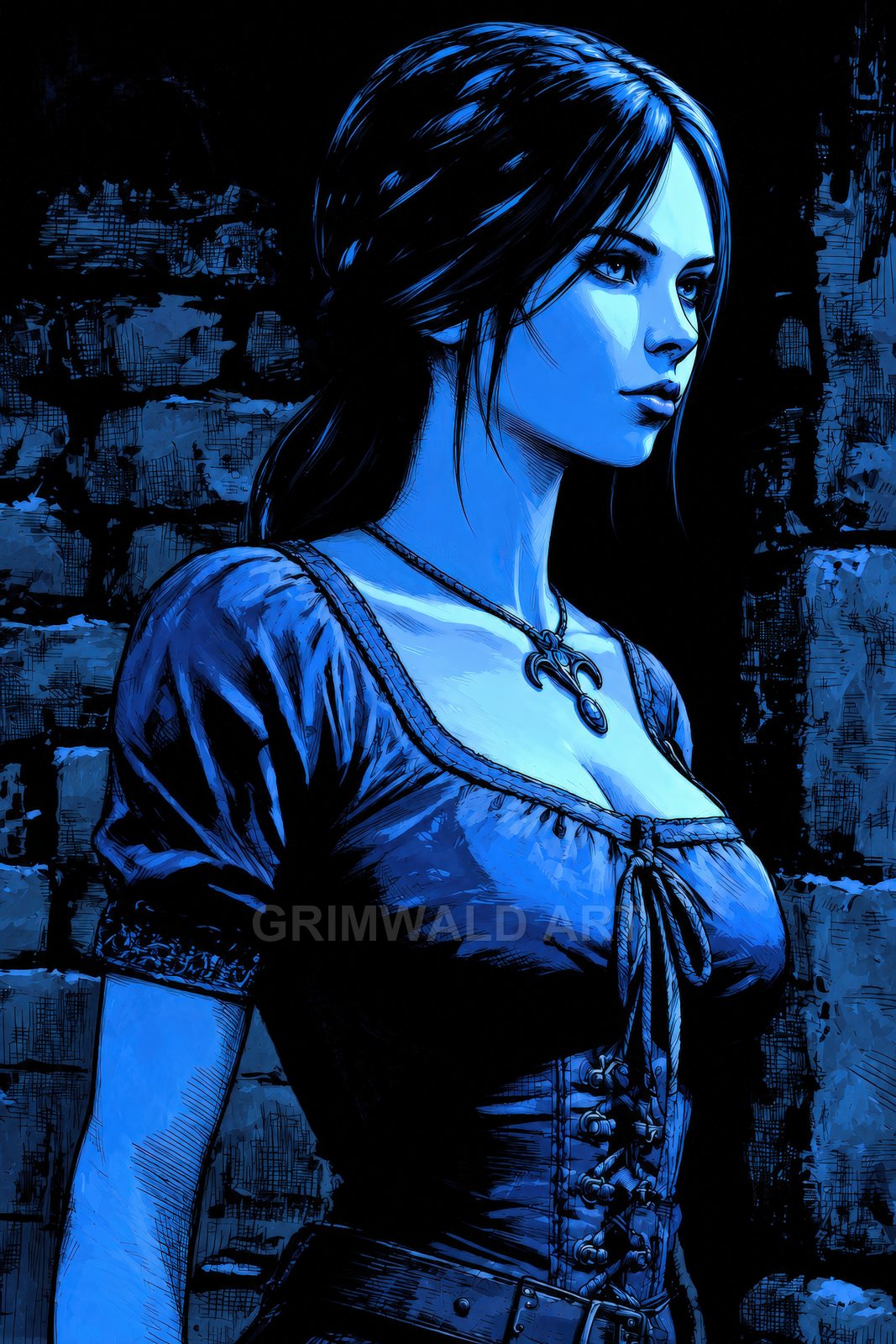 Blue-toned gothic illustration of a young woman in a laced corset and pendant, side profile, standing by a rough stone wall at night.