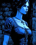 GRID THUMBNAIL — Blue-toned gothic illustration of a young woman in a laced corset and pendant, side profile, standing by a rough stone wall at night.