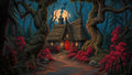 GRID THUMBNAIL — Thatched stone cottage with red door and glowing windows beneath a full moon, framed by twisted trees and red shrubs along a forest path.