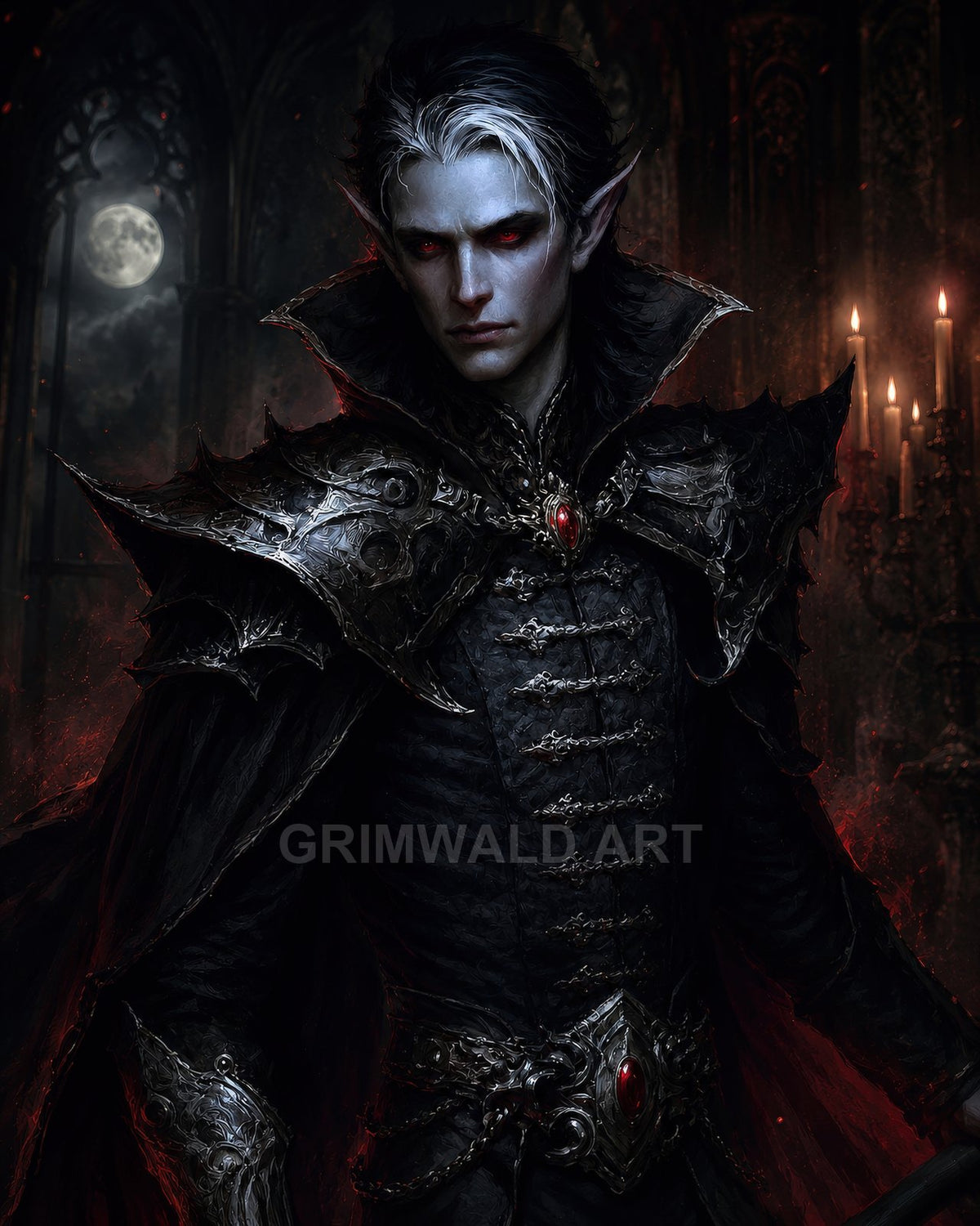 Armoured vampire with pale skin and red eyes stands in a dark castle interior, moonlit window and candlelight illuminating ornate black armour.