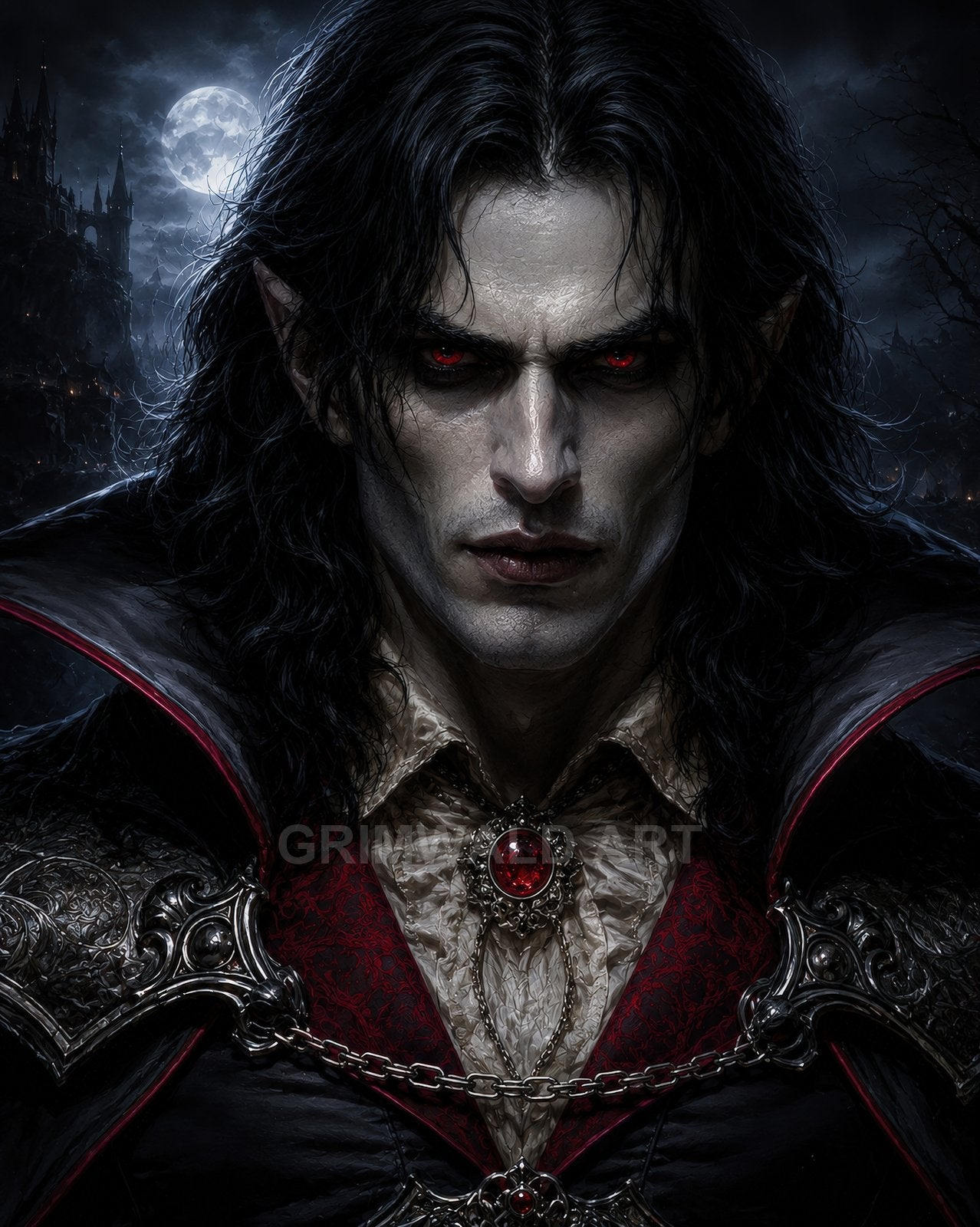 Close-up portrait of a pale male vampire with red eyes and ornate armour, crimson pendant, under a full moon with gothic castle behind.