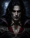 GRID THUMBNAIL — Close-up portrait of a pale male vampire with red eyes and ornate armour, crimson pendant, under a full moon with gothic castle behind.