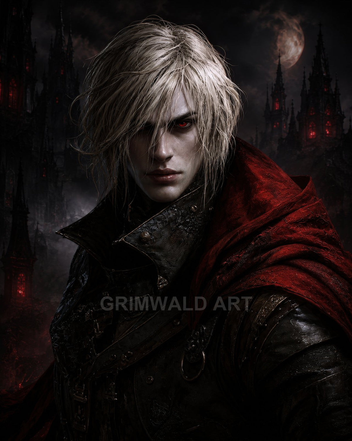 Close portrait of an androgynous vampire knight in dark armour and red cloak, moonlit gothic towers glowing crimson behind.