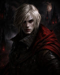 GRID THUMBNAIL — Close portrait of an androgynous vampire knight in dark armour and red cloak, moonlit gothic towers glowing crimson behind.