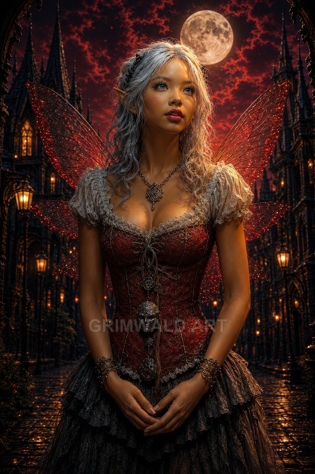 Silver-haired fairy with crimson filigree wings in ornate corset stands on a lamplit gothic street beneath a full moon and red sky.