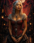 GRID THUMBNAIL — Silver-haired fairy with crimson filigree wings in ornate corset stands on a lamplit gothic street beneath a full moon and red sky.