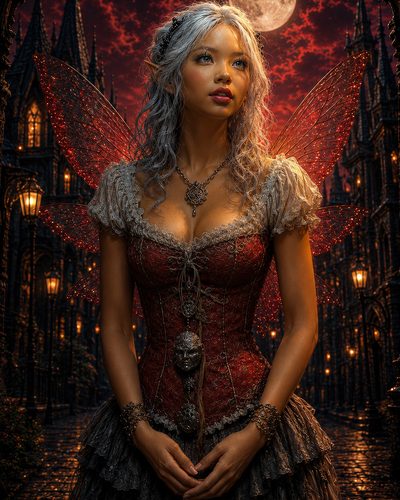 GRID THUMBNAIL — Silver-haired fairy with crimson filigree wings in ornate corset stands on a lamplit gothic street beneath a full moon and red sky.