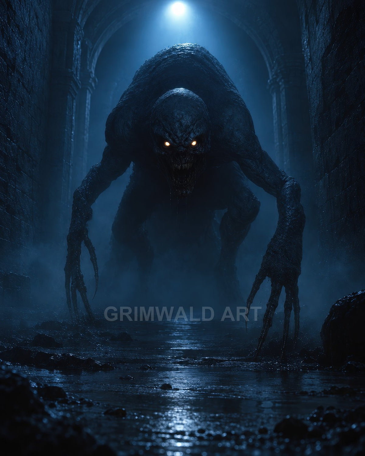 Grotesque demon with glowing eyes and long claws prowls a wet stone corridor, bathed in cold moonlight and rising mist.