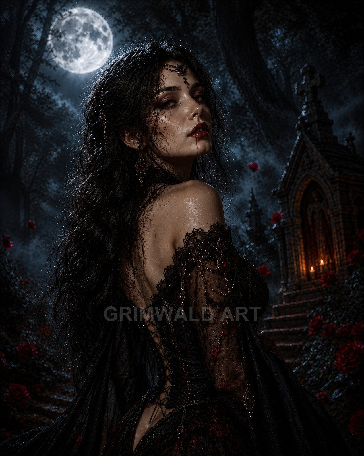 A gothic vampiress with blooded lips in a black beaded gown before a candlelit crypt under a full moon in a shadowed graveyard.