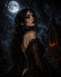 GRID THUMBNAIL — A gothic vampiress with blooded lips in a black beaded gown before a candlelit crypt under a full moon in a shadowed graveyard.