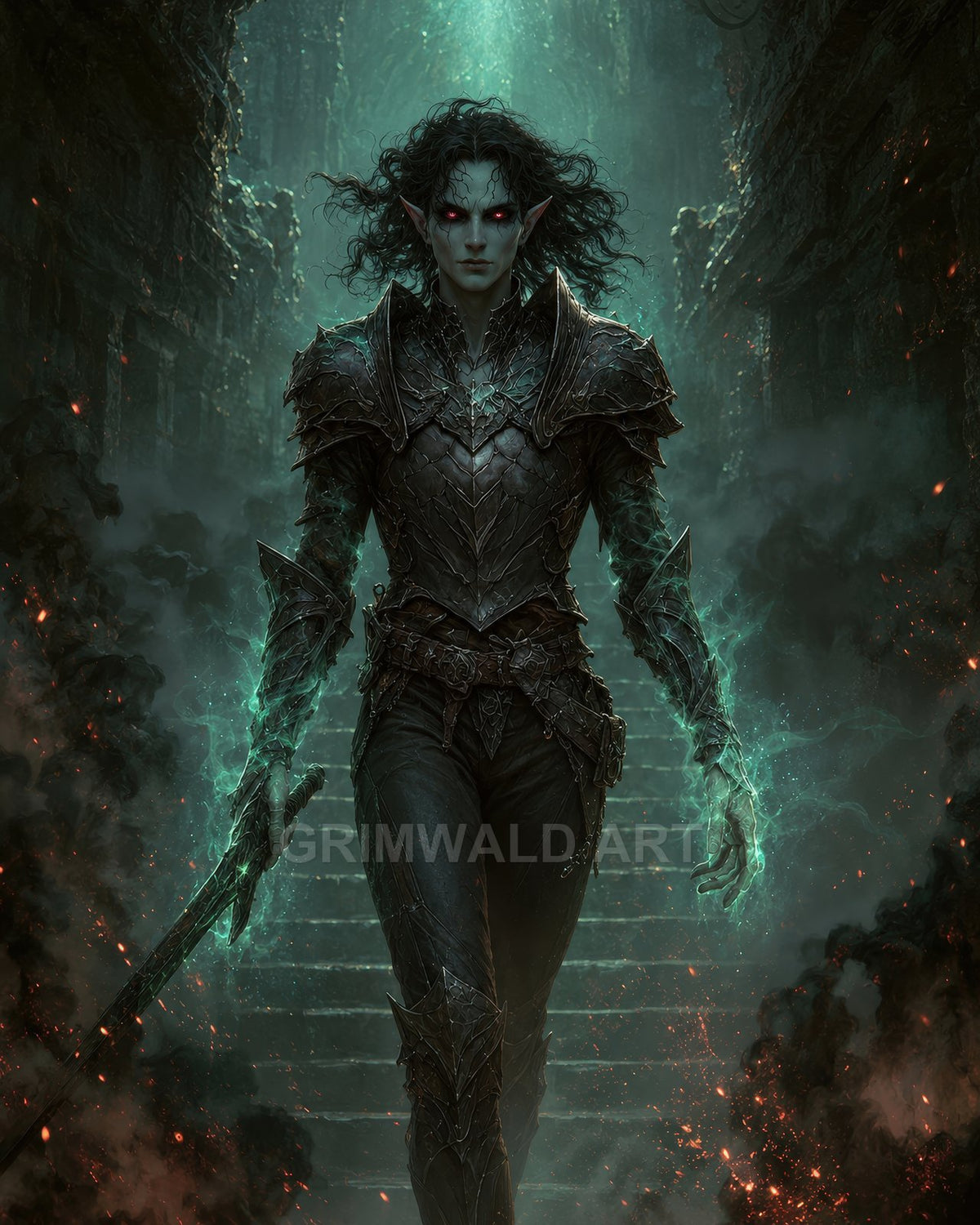 Armoured dark elf with glowing red eyes descends stone steps in a ruined dungeon, teal magic crackling around hands while gripping a sword amid smoke.