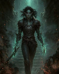 GRID THUMBNAIL — Armoured dark elf with glowing red eyes descends stone steps in a ruined dungeon, teal magic crackling around hands while gripping a sword amid smoke.